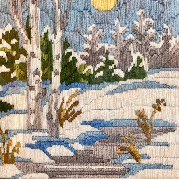 Crewel Embroidery Art Hand Stitched Winter Snow Scene Professionally Framed EUC - Picture 6 of 13